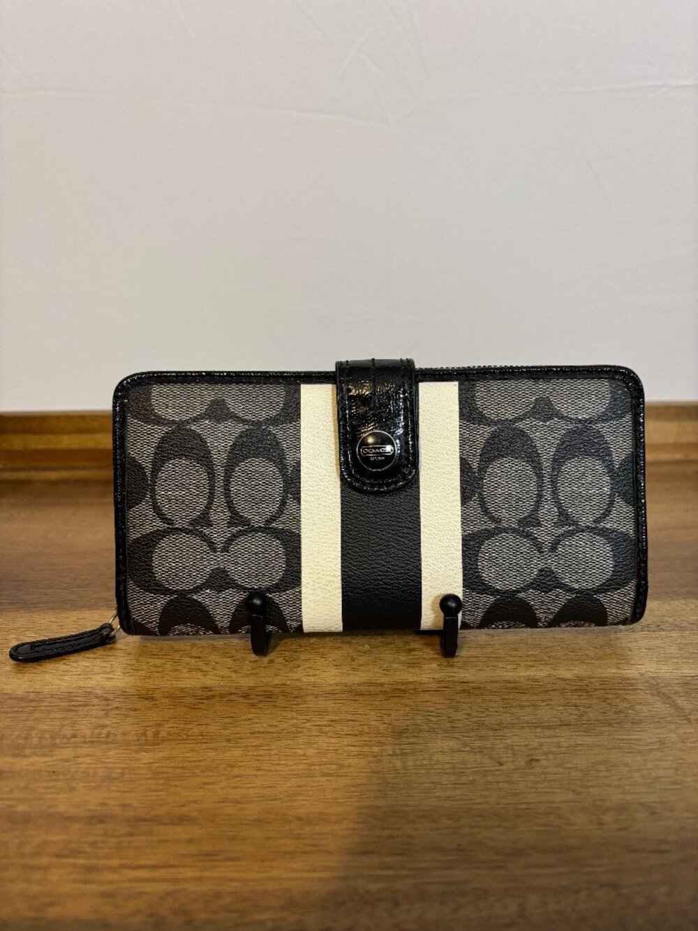 Coach Black Signature White Black Stripe Zip Around Accordion Wallet